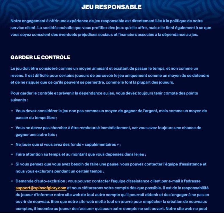 Spins Of Glory casino jeu responsable